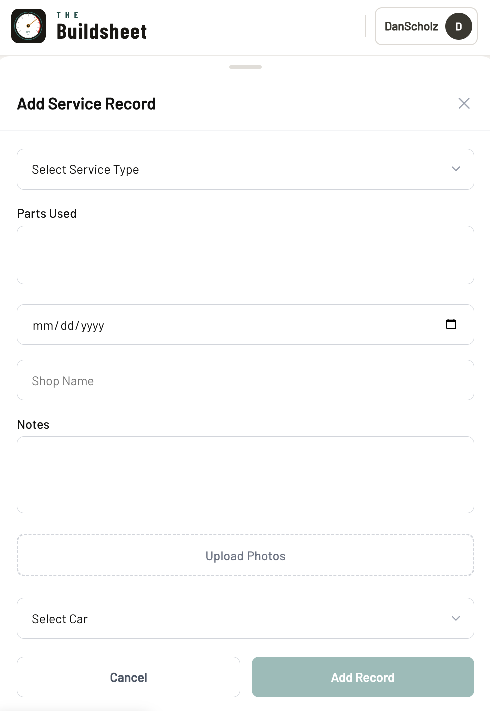 The Buildsheet — Adding a service record on mobile