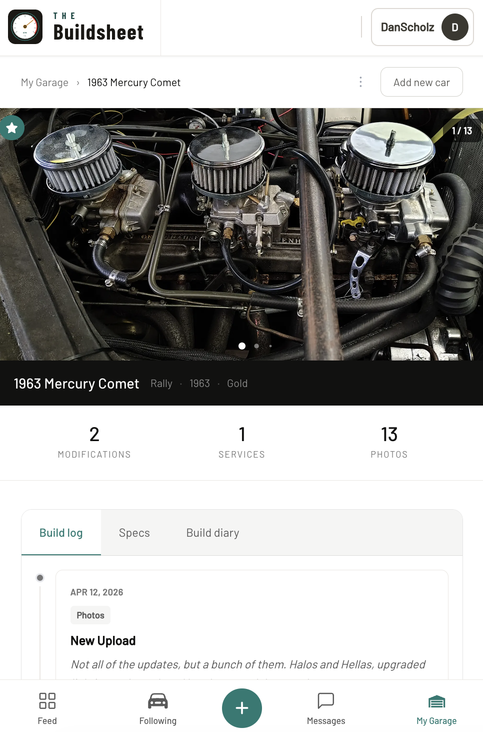 The Buildsheet — Build detail page with photos and modifications